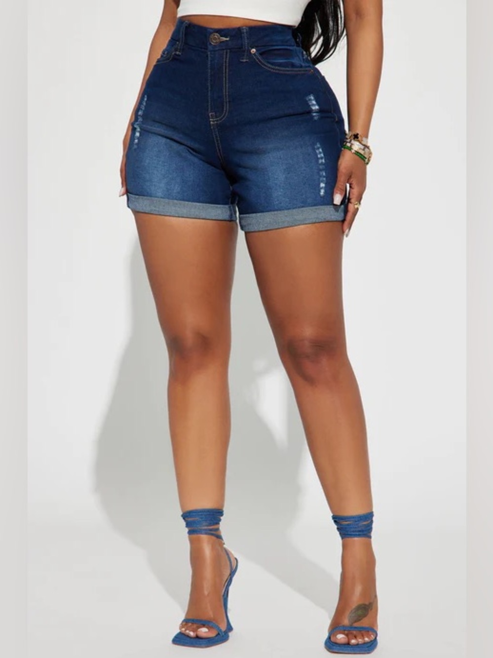 High-Rise Dark Wash Blue Denim Shorts — Comfortable Cuffed Women’s Shorts